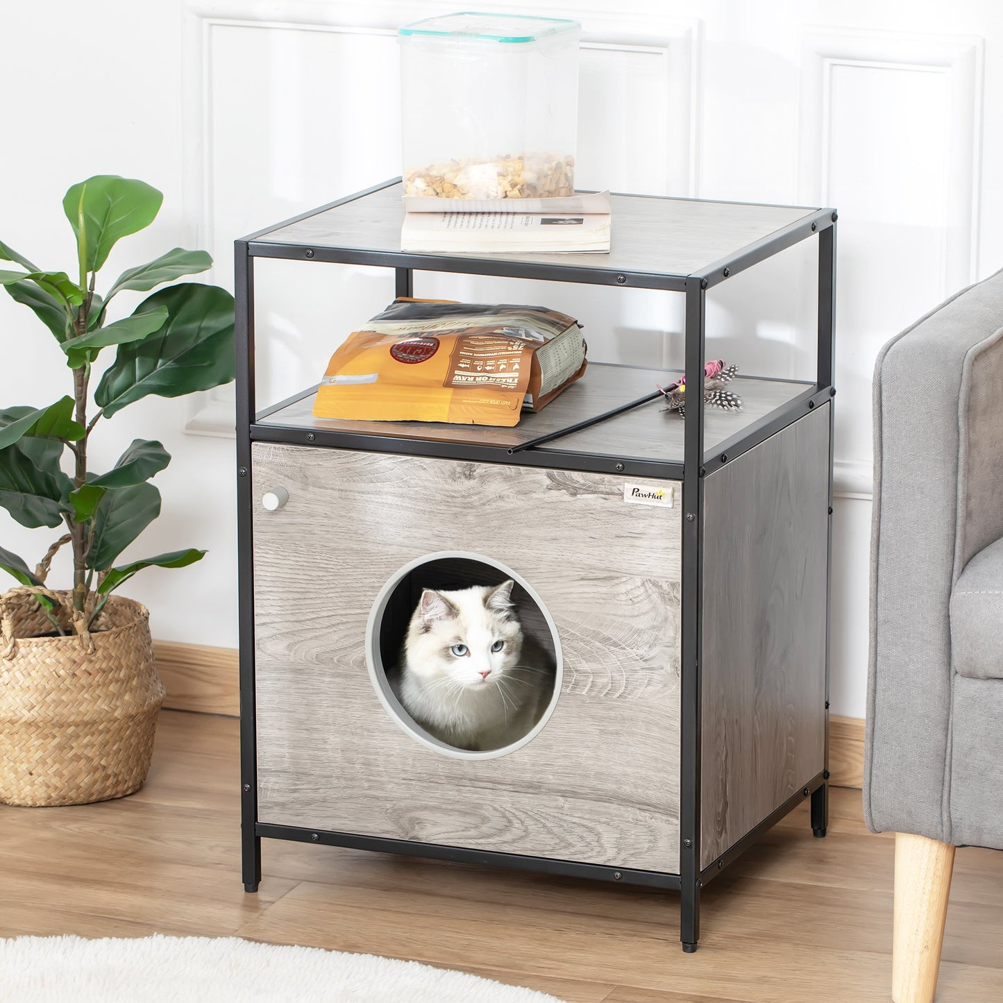 PawHut Wooden Cat House Kitty Shelter Bed with Washable Cushion and