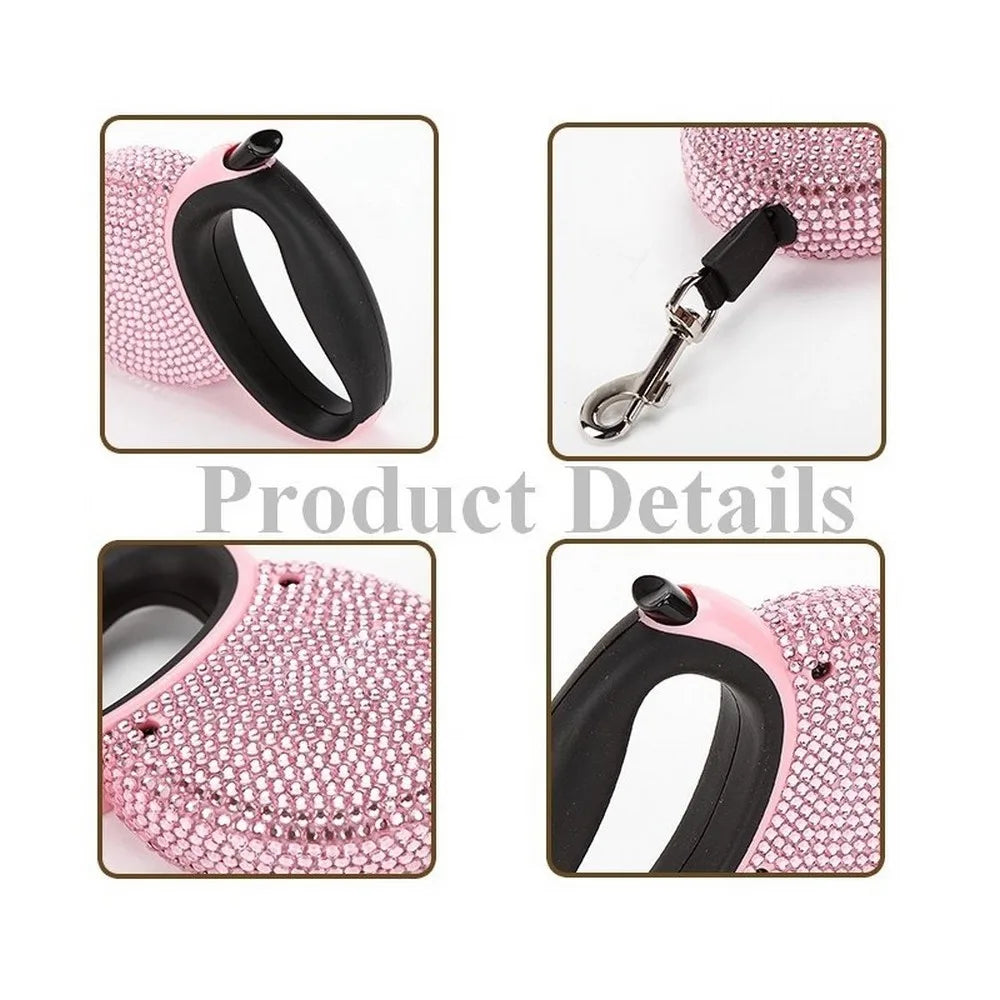 Pet Retractable Leash With Rhinestone Bling Crystal Cat Puppy Dog Lead Pink Blue 3M Flat Line Drop Shipping