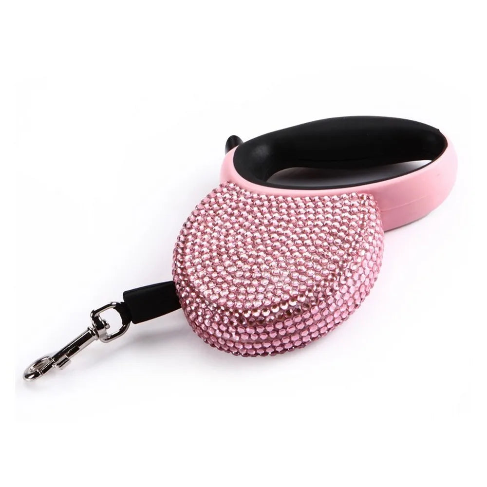 Pet Retractable Leash With Rhinestone Bling Crystal Cat Puppy Dog Lead Pink Blue 3M Flat Line Drop Shipping