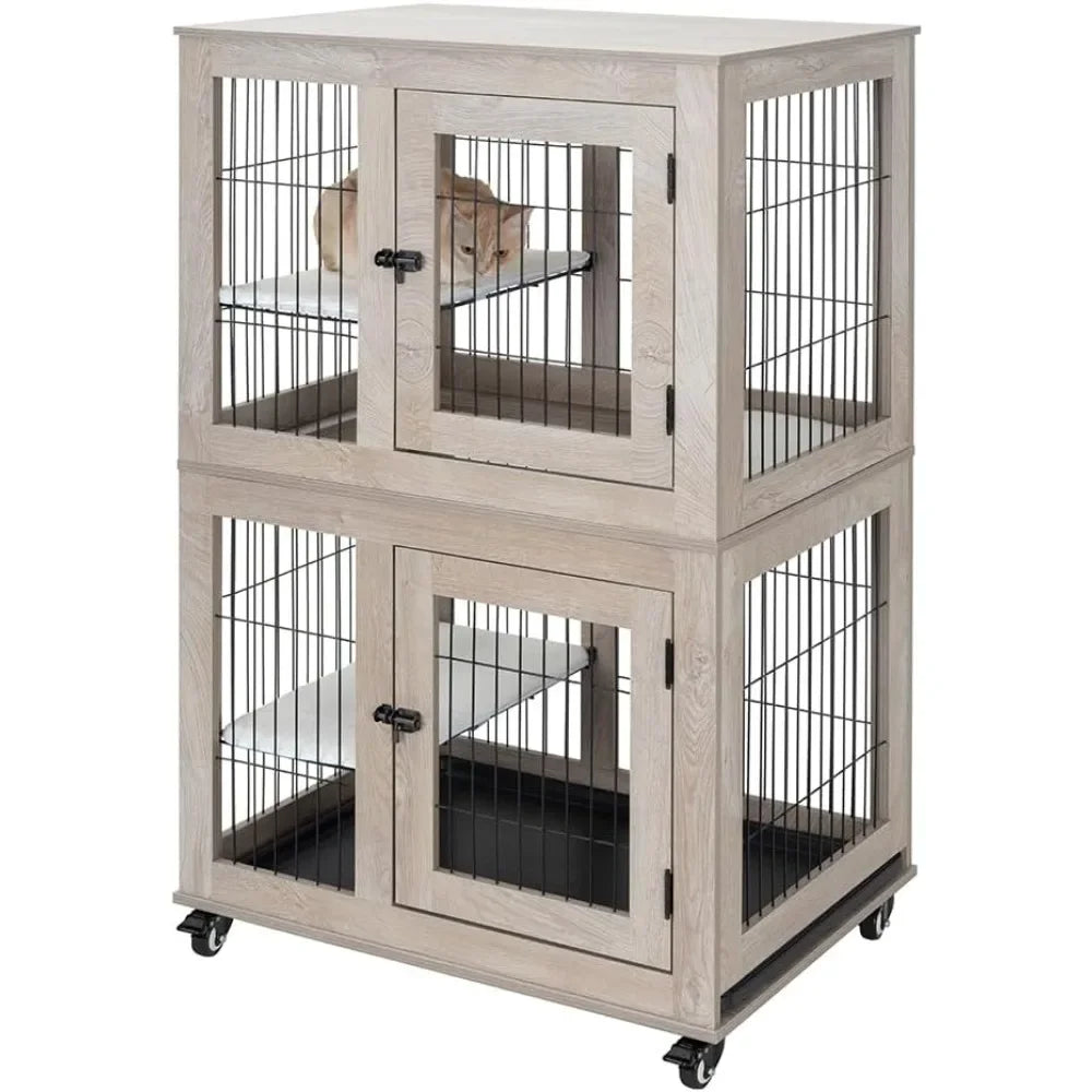 Wooden 2-Tier Cat Cage, Indoor Cat House with Removable Tray, Cats Enclosures Indoor Cat Kennel with Lockable Casters