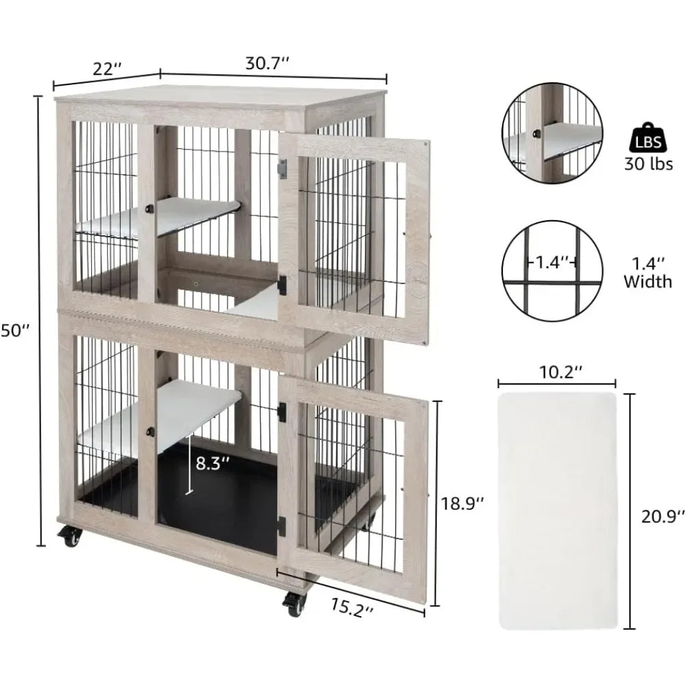 Wooden 2-Tier Cat Cage, Indoor Cat House with Removable Tray, Cats Enclosures Indoor Cat Kennel with Lockable Casters