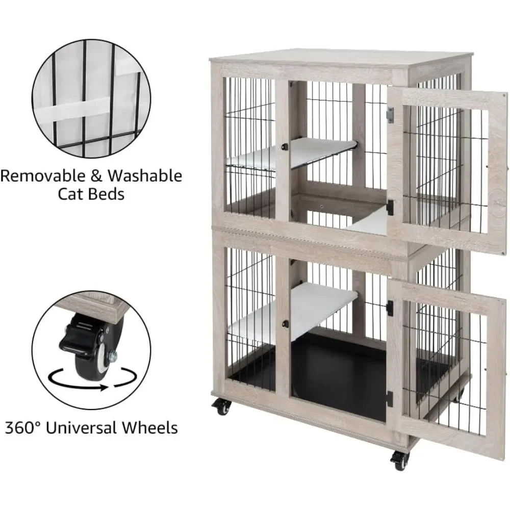 Wooden 2-Tier Cat Cage, Indoor Cat House with Removable Tray, Cats Enclosures Indoor Cat Kennel with Lockable Casters