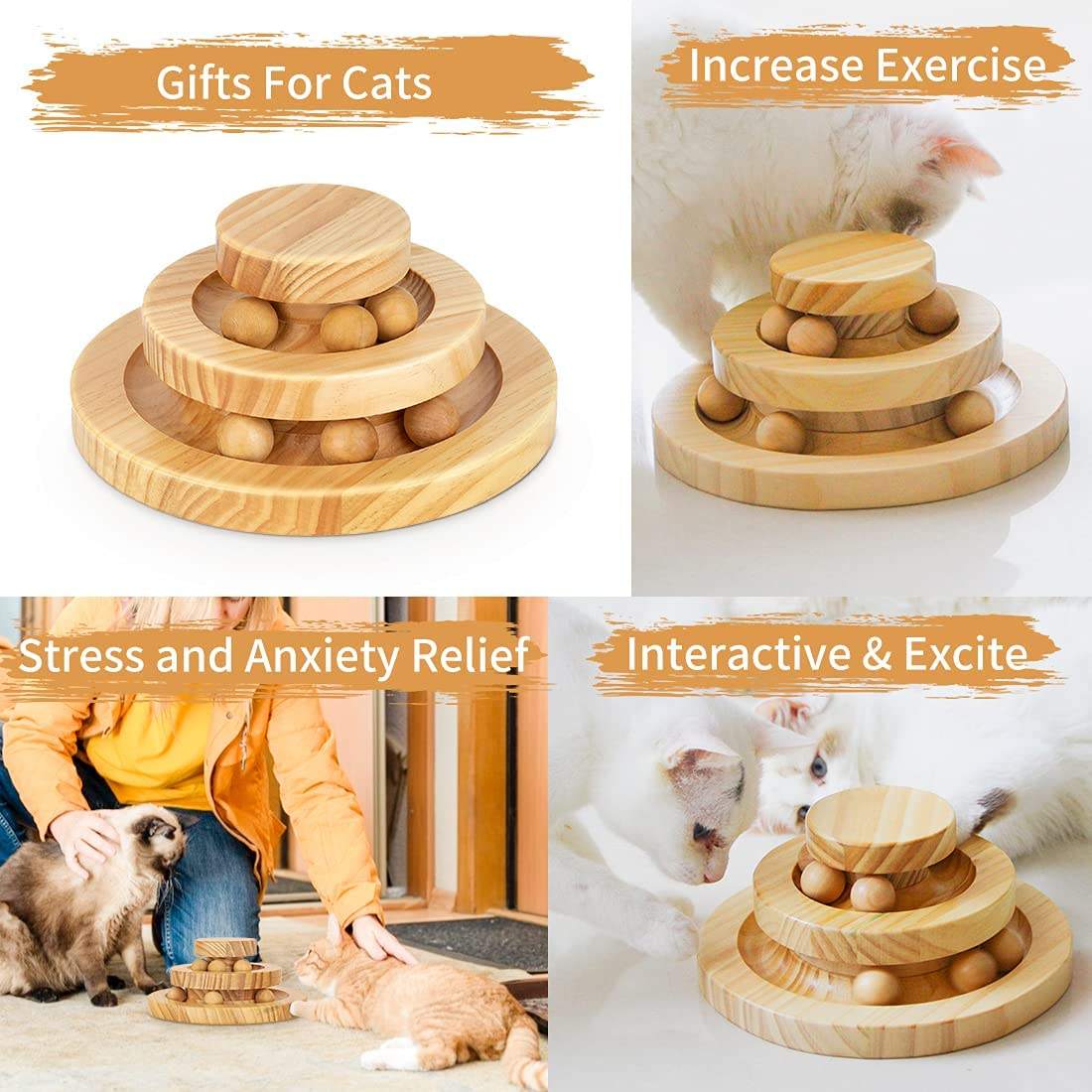 Solid Wood Cat Toy Wooden Turntable Rolling Ball Double Layer Tease Cat Bite Resistant Toy - Go Bagheera