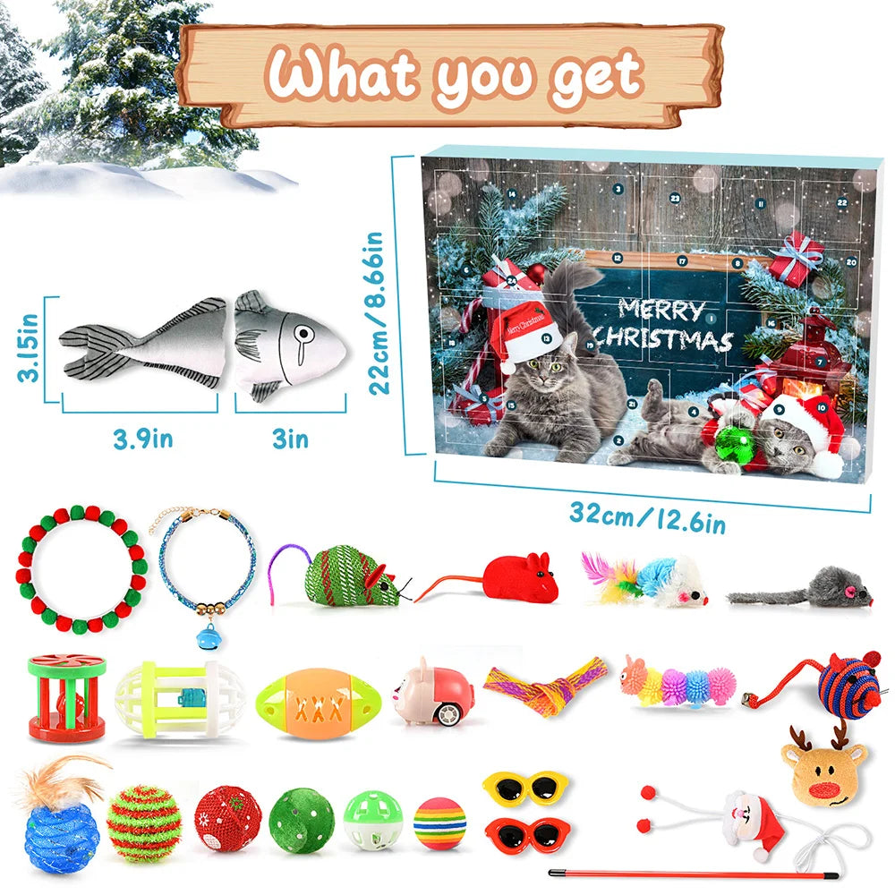 Cat Toys Advent Calendar 2023 Christmas for Kitten, 24Pcs Interactive Kitten Toys Cat Collars Assortments Cat Feather Teaser Wan