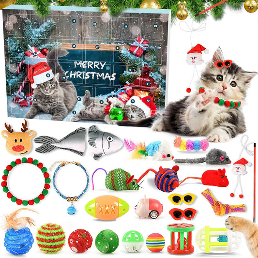 Cat Toys Advent Calendar 2023 Christmas for Kitten, 24Pcs Interactive Kitten Toys Cat Collars Assortments Cat Feather Teaser Wan