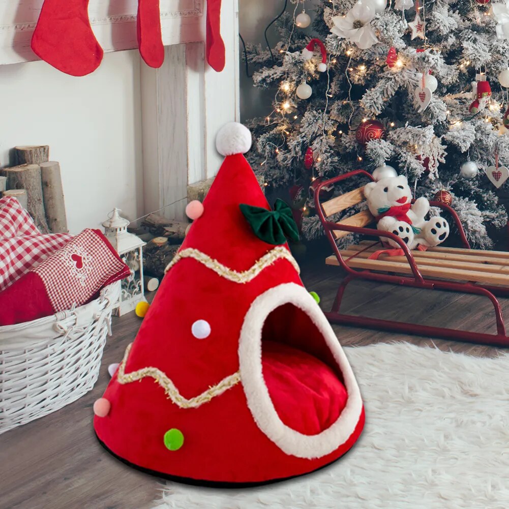 Christmas Tree Shape Pet House Soft Warm Nest Bed