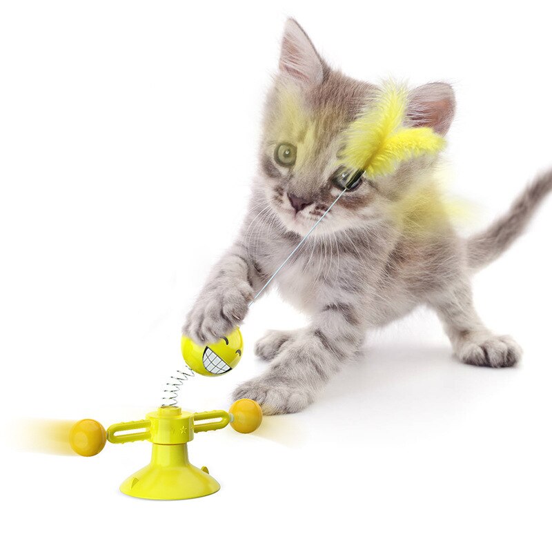 Mewoofun Smile Spring Man Cat Toys Feather Ball Strong Suction Rotate 360 Funny Pet Dog Kitten Interactive Training Toys