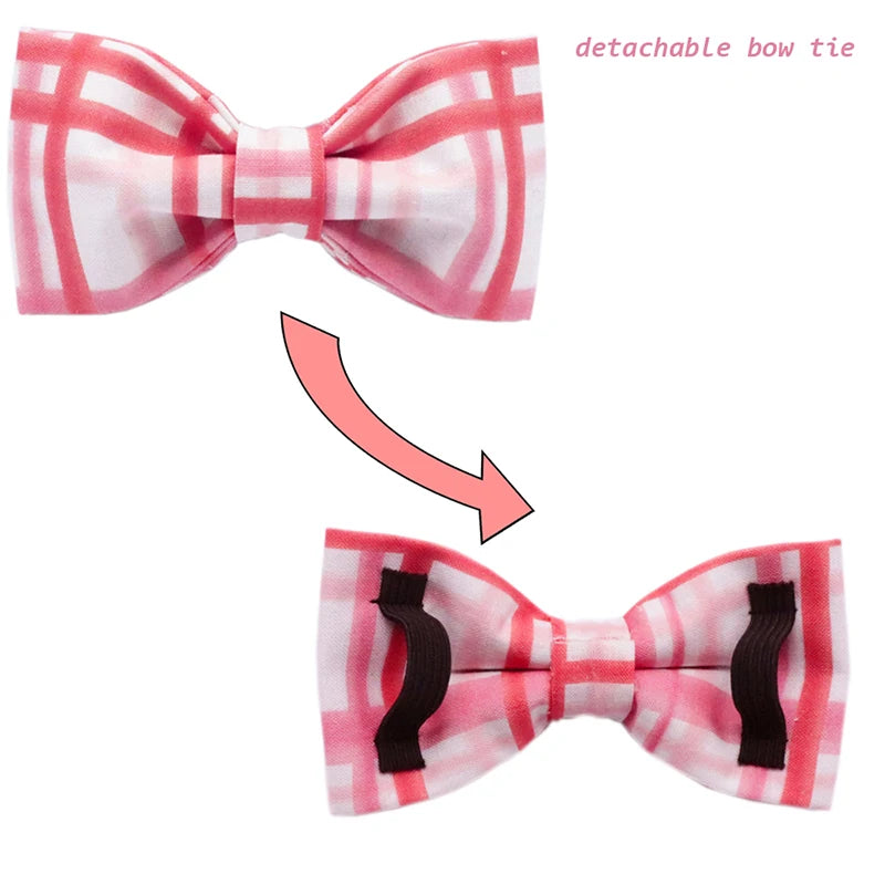 Unique Style Paws Valentines Day Dog Collar with Bow Tie Adjustable Pink Plaid Pet Dog Collar for Large Medium Small Dog