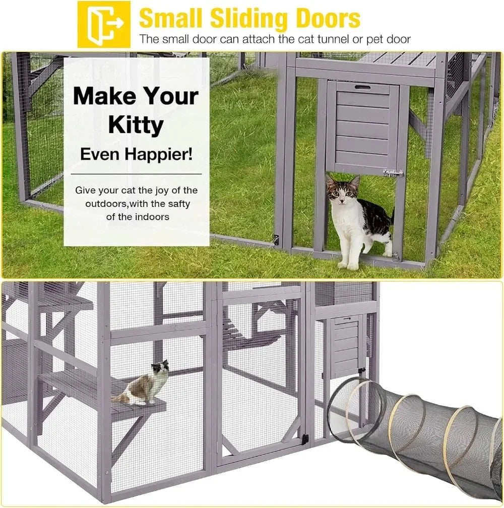 Catio Cat Enclosure Outdoor Cat Catio Large Cat Run with Bridges Walks Small Houses Roof Cover 28.27ft and 56.54ft