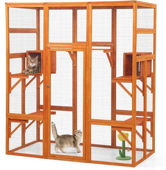 Large Cat House Outdoor Catio Cat Play Run Enclosures Indoor Kitty Window Cage with Waterproof Roof 7 Platforms 2 Resting Box