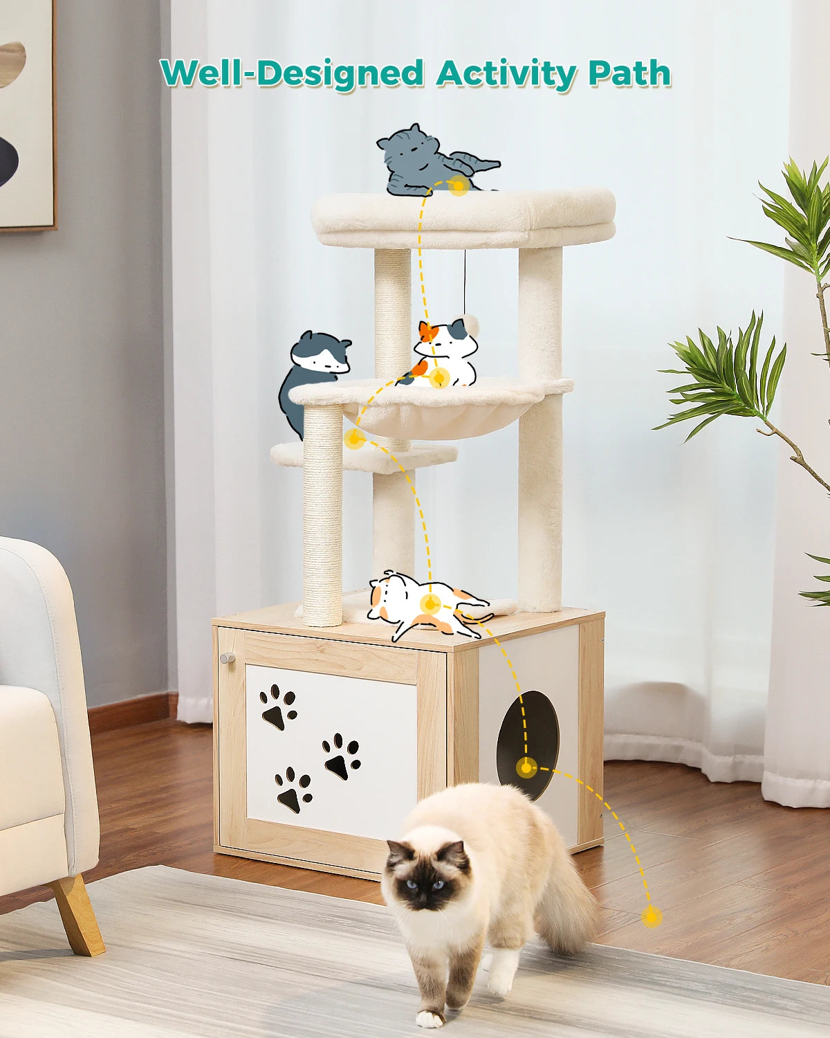 Height 117CM Luxury Modern Cat Tree with Cabinet Tower Wood Furniture with Litter Box Enclosure House Large Top Perch Nest Condo