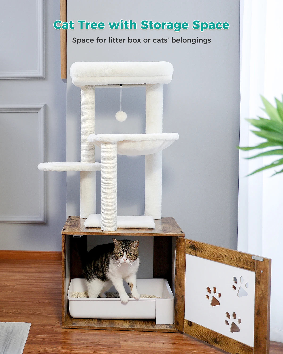 Height 117CM Luxury Modern Cat Tree with Cabinet Tower Wood Furniture with Litter Box Enclosure House Large Top Perch Nest Condo