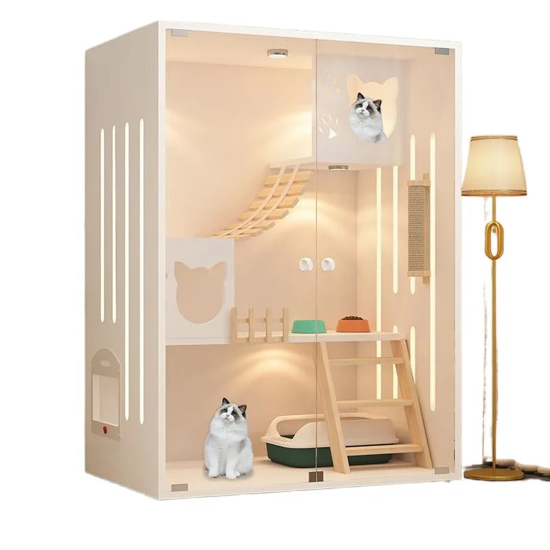 Cream-style Cat Cage for Pet Shop Density Board Cat House Double-layer Large Space Glass Door Light Luxury Simple Cage for Cats