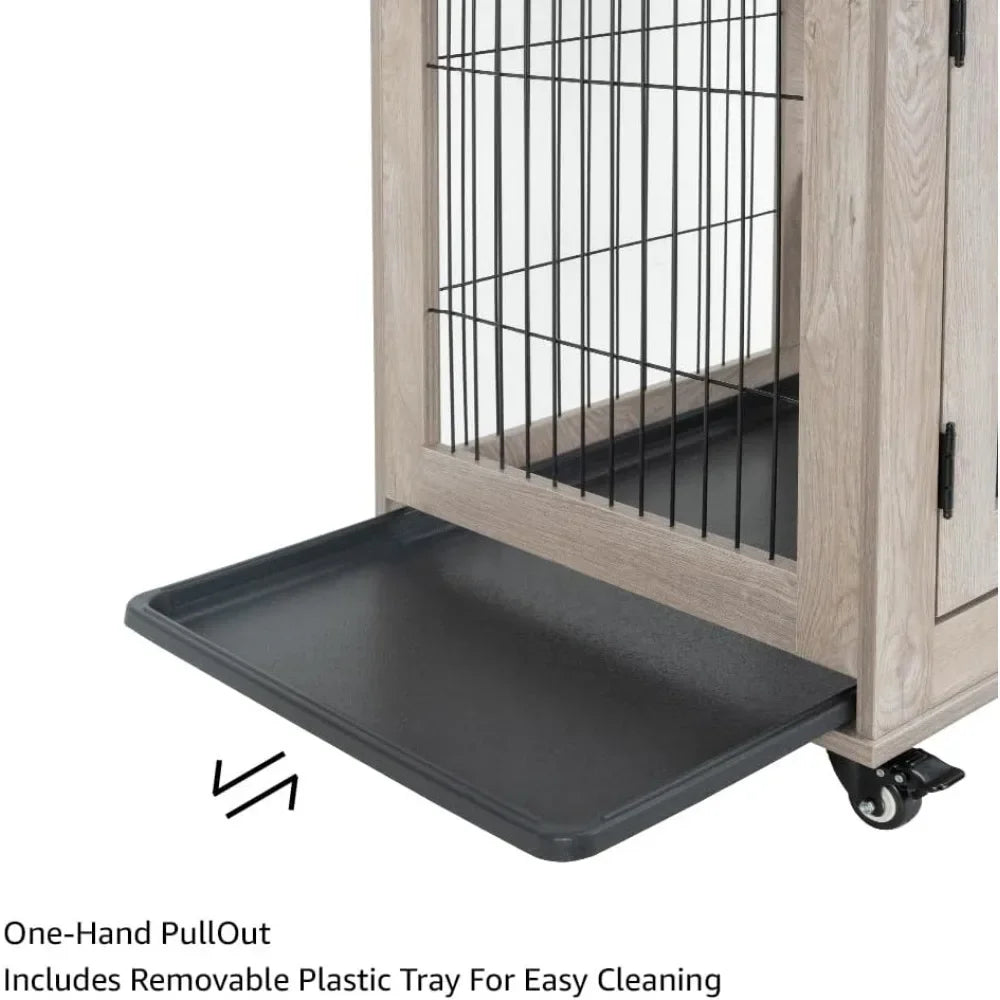 Wooden 2-Tier Cat Cage, Indoor Cat House with Removable Tray, Cats Enclosures Indoor Cat Kennel with Lockable Casters