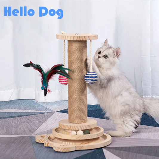 Small-sized Wooden Cat Tower Natural Sisal Cat Tree Multi-functional Track Interactive Cat Toy Cat Teaser Stick Kitten Toys