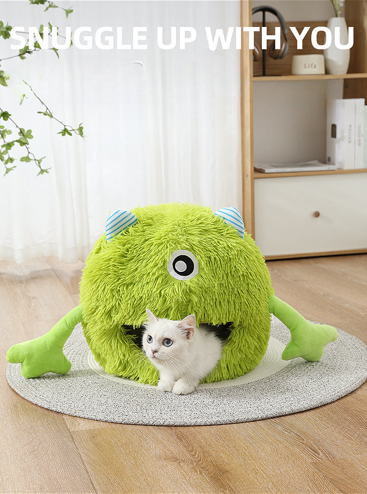 New Product Pet Bed Winter Warm Cat's Nest Plush Monster Pet Villa Detachable Washable Semi Enclosed Cats Den Cartoon Pets House