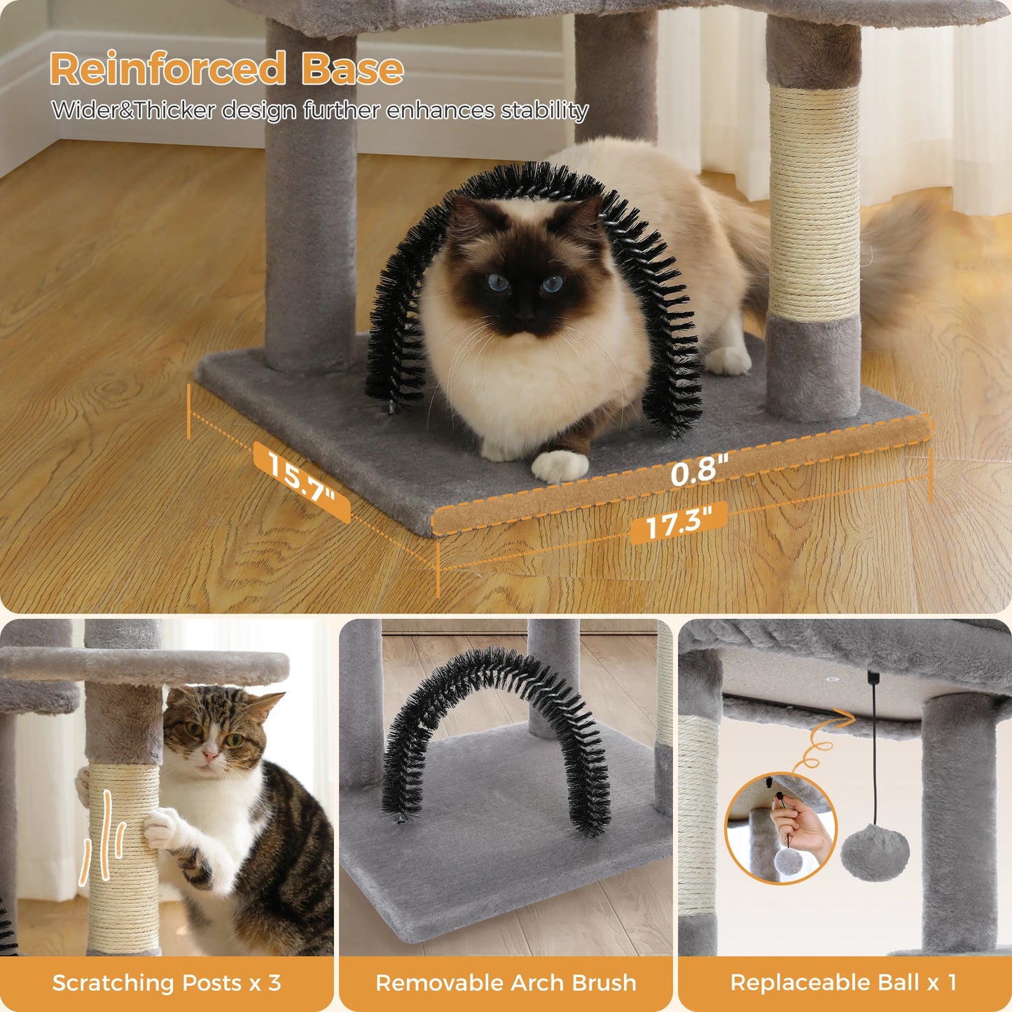 H120CM Cat Tree Tower with Self Groomer Sisal Scratching Post Large Condo Perch Stable for Kitten Multi-Level Tower Indoor Grey