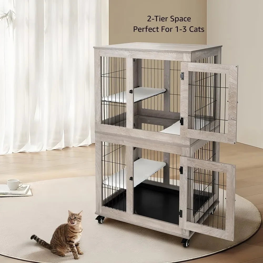 Wooden 2-Tier Cat Cage, Indoor Cat House with Removable Tray, Cats Enclosures Indoor Cat Kennel with Lockable Casters