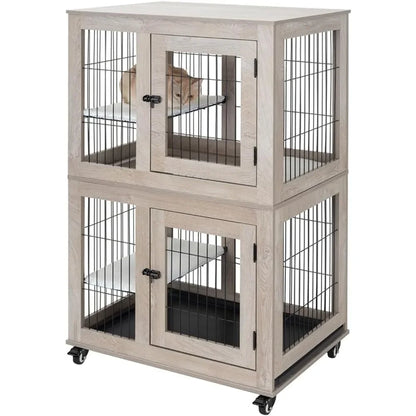 Wooden 2-Tier Cat Cage, Indoor Cat House with Removable Tray, Cats Enclosures Indoor Cat Kennel with Lockable Casters