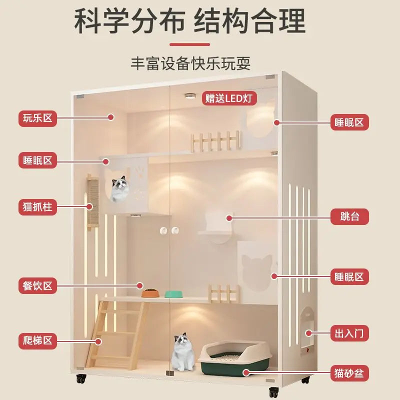 Cream-style Cat Cage for Pet Shop Density Board Cat House Double-layer Large Space Glass Door Light Luxury Simple Cage for Cats
