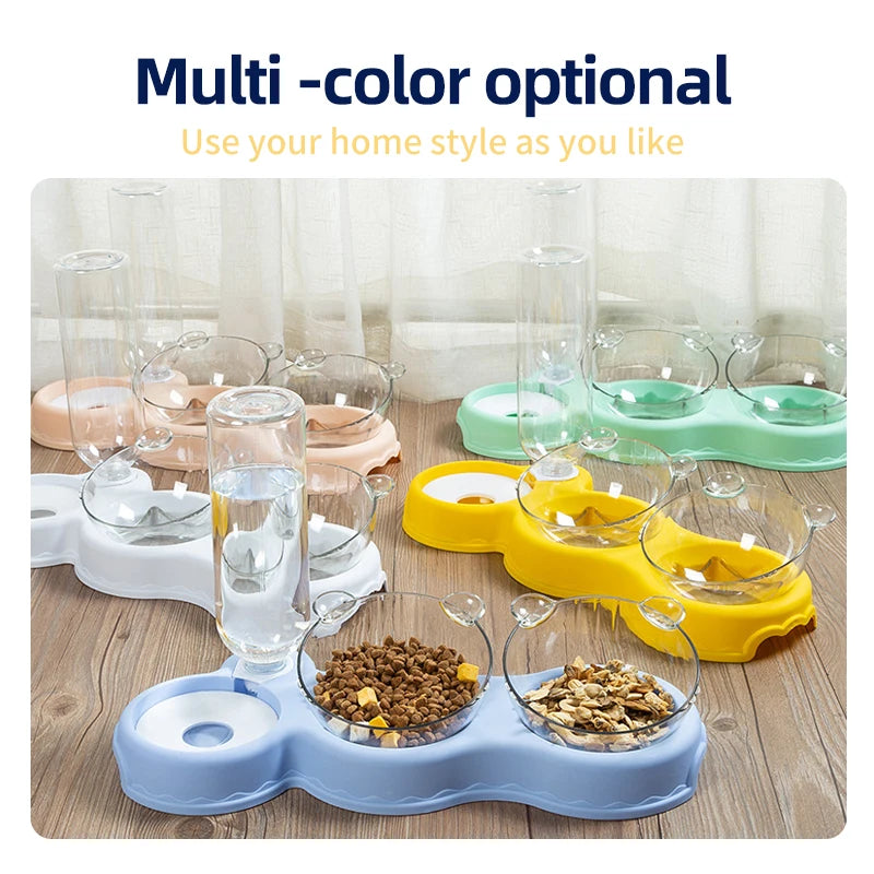 Pet Cat Bowl Automatic Feeder 3-in-1 Dog Cat Food Bowl With Water Fountain Double Bowl Drinking Raised Stand Dish Bowls Foaterer