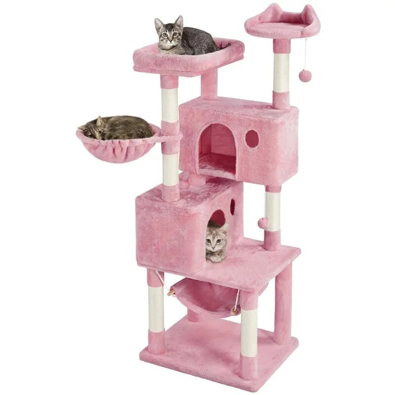 64.5"H Multi-level Cat Tree Tower with Condos and Perches, Pink