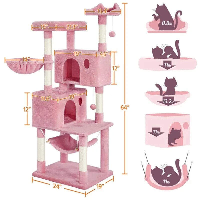 64.5"H Multi-level Cat Tree Tower with Condos and Perches, Pink