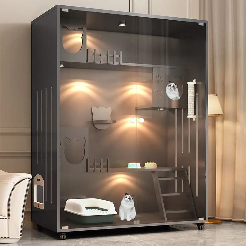 Cream-style Cat Cage for Pet Shop Density Board Cat House Double-layer Large Space Glass Door Light Luxury Simple Cage for Cats