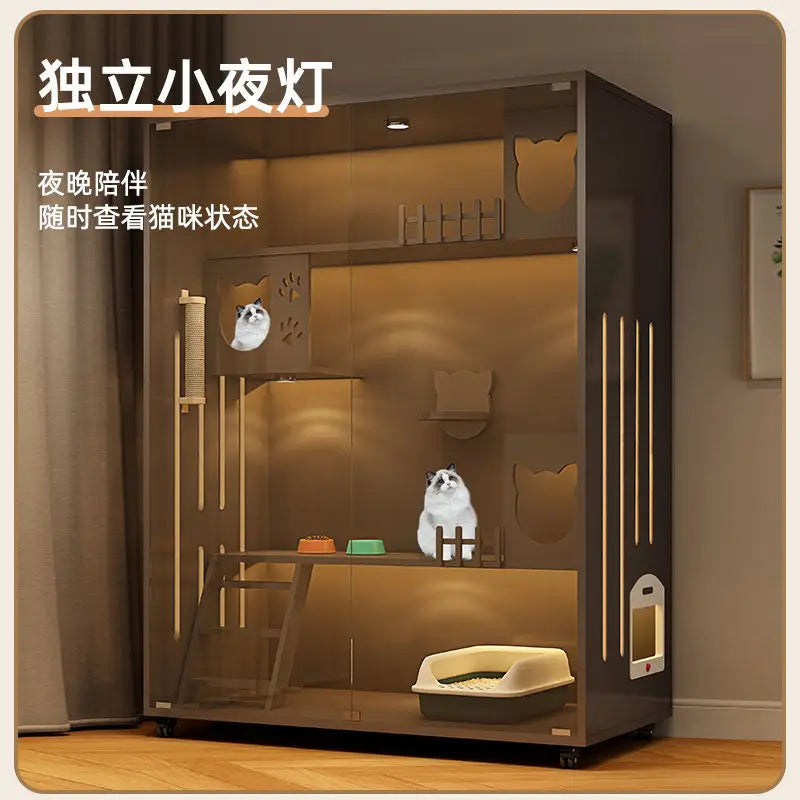 Cream-style Cat Cage for Pet Shop Density Board Cat House Double-layer Large Space Glass Door Light Luxury Simple Cage for Cats