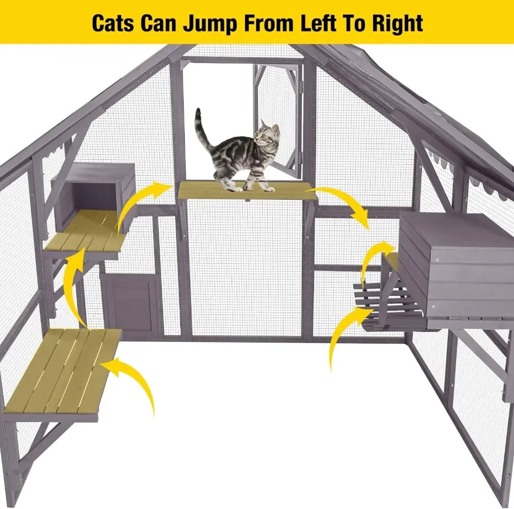 Catio Cat Enclosure Outdoor Cat Catio Large Cat Run with Bridges Walks Small Houses Roof Cover 28.27ft and 56.54ft