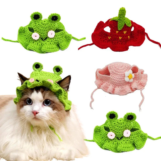 Cute Cat Hat Funny Hand-made Knitting Puppy Caps Pets Party Cosplay Headwear Elastic Dog Kitten Hat Hair Decoration