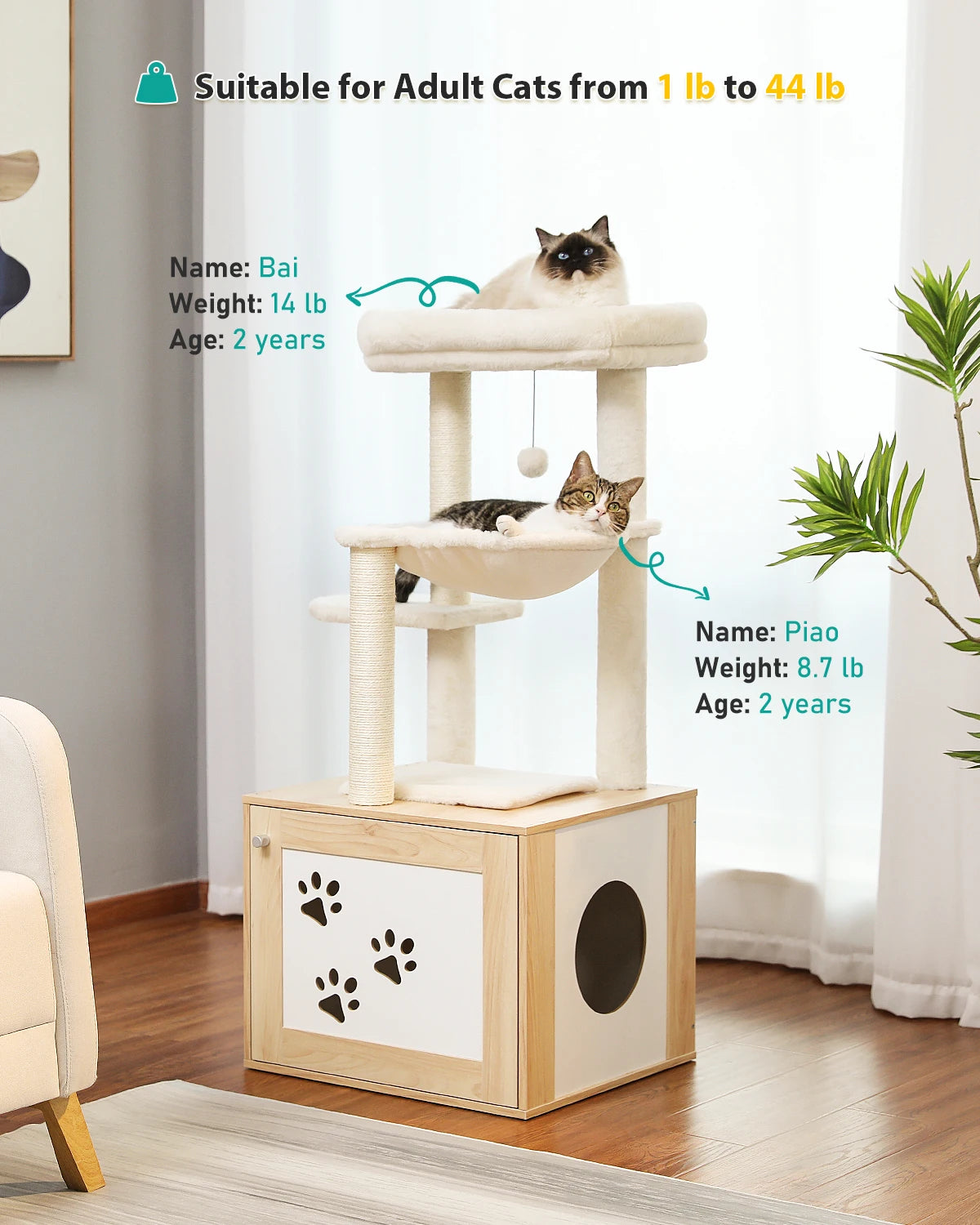 Height 117CM Luxury Modern Cat Tree with Cabinet Tower Wood Furniture with Litter Box Enclosure House Large Top Perch Nest Condo