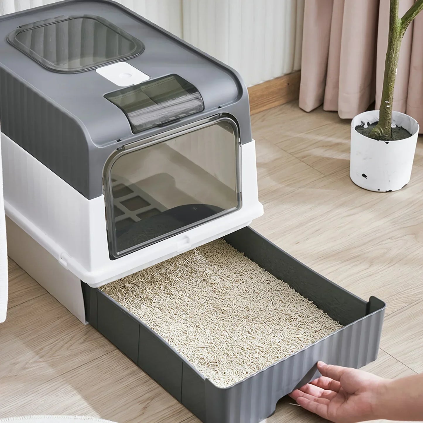 Portable Collapsible Cat Litter Pan with Splash Guard Plastic Scoop Pet Box with Lid Easy to Assemble