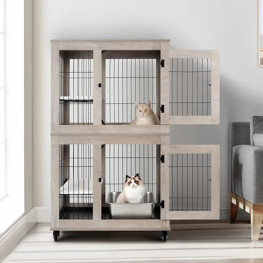Wooden 2-Tier Cat Cage, Indoor Cat House with Removable Tray, Cats Enclosures Indoor Cat Kennel with Lockable Casters