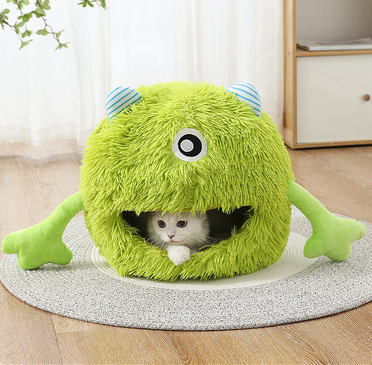 New Product Pet Bed Winter Warm Cat's Nest Plush Monster Pet Villa Detachable Washable Semi Enclosed Cats Den Cartoon Pets House