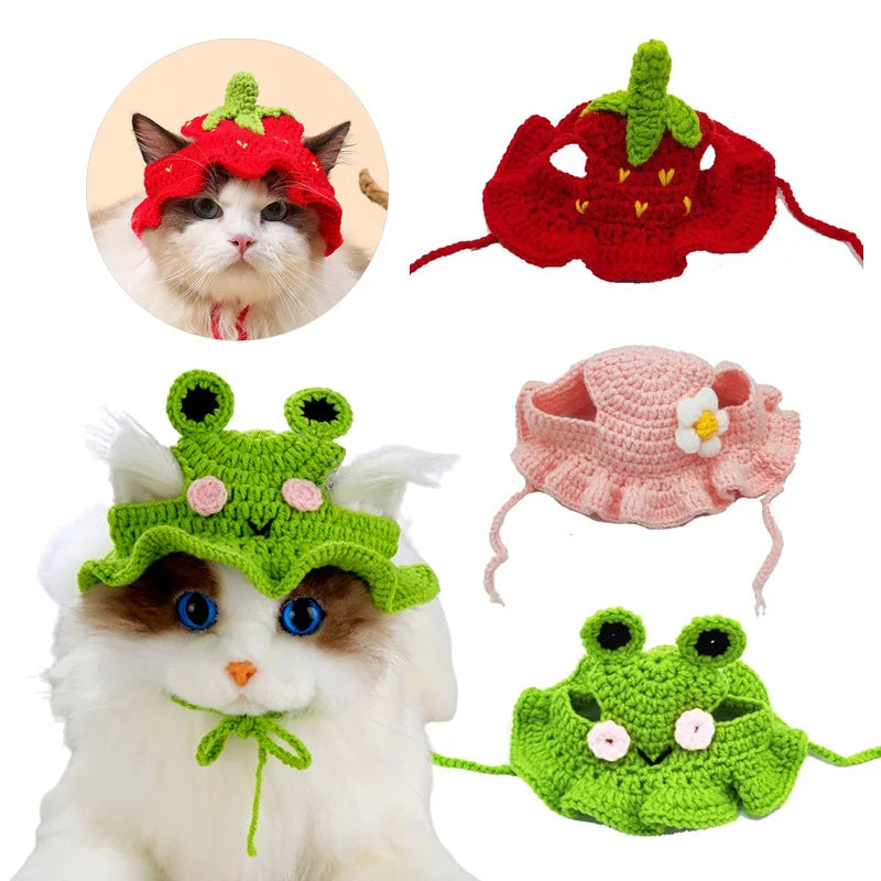 Cute Cat Hat Funny Hand-made Knitting Puppy Caps Pets Party Cosplay Headwear Elastic Dog Kitten Hat Hair Decoration