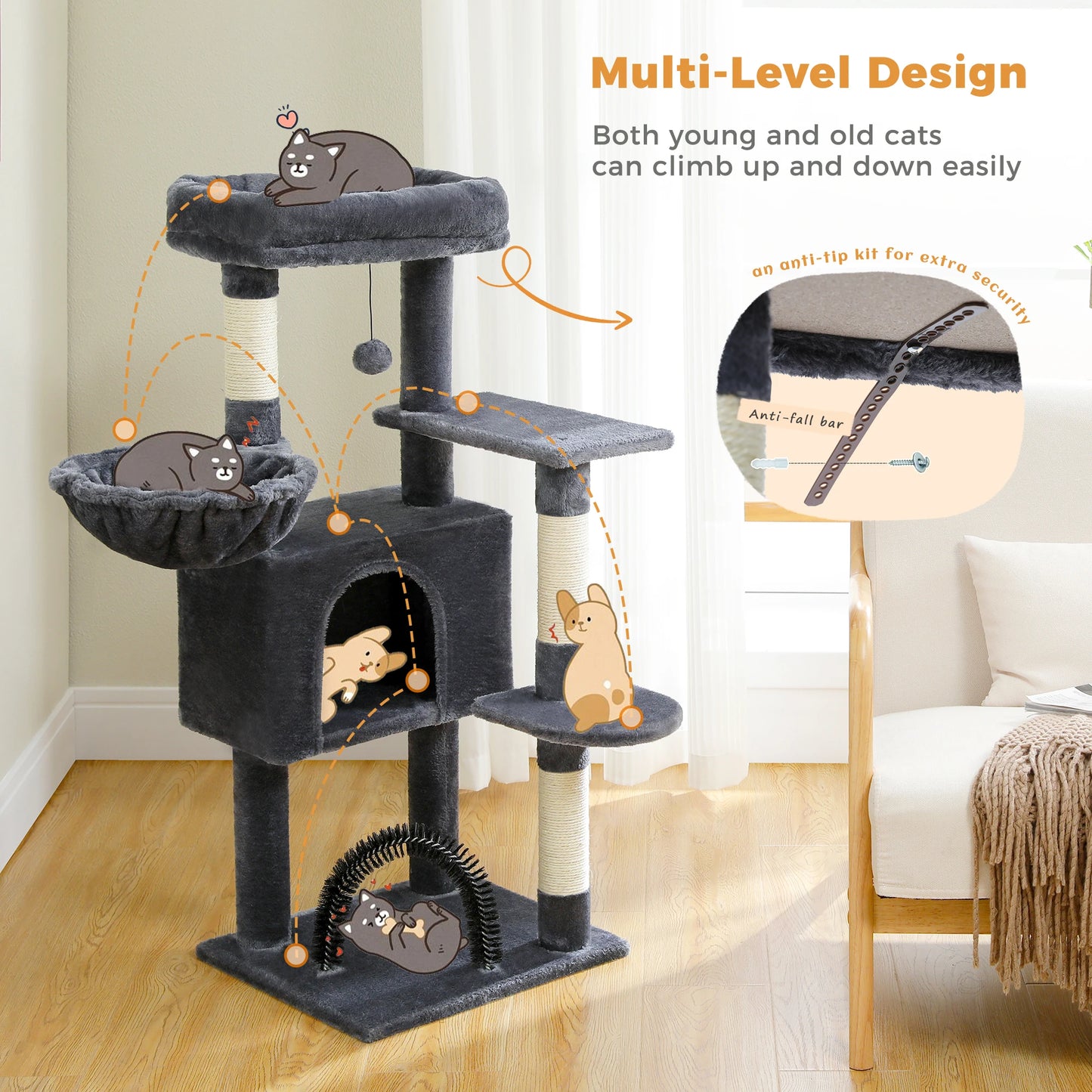 H120CM Cat Tree Tower with Self Groomer Sisal Scratching Post Large Condo Perch Stable for Kitten Multi-Level Tower Indoor Grey