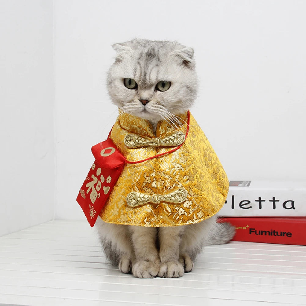 Pet Cat Dog Costume Chinese Style Cat Suit Spring Festival Cape Neck Red Envelope Christmas Day New Year Collar Bow Tie Costume