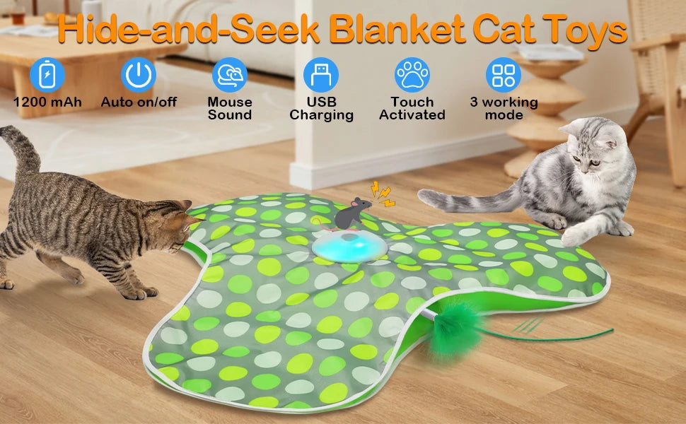 Smart Cat Toys Interactive Hide and Seek Cat Toy with Mouse Squeaky Motion Activated Moving Concealed Feathers Kitten Teaser Toy