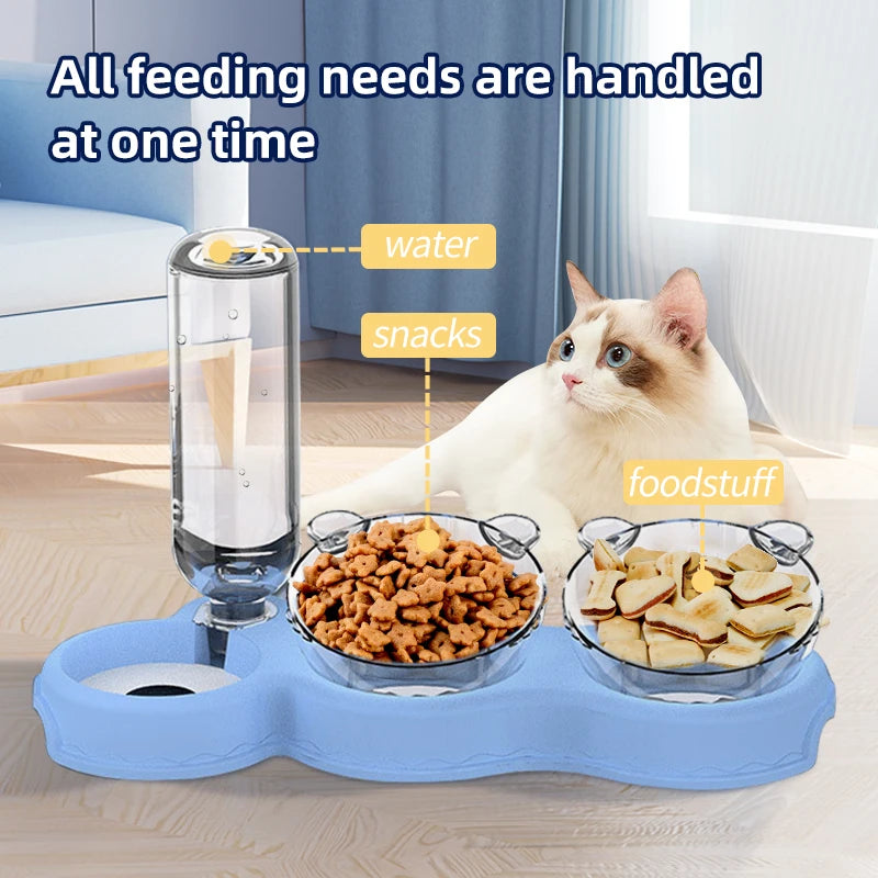 Pet Cat Bowl Automatic Feeder 3-in-1 Dog Cat Food Bowl With Water Fountain Double Bowl Drinking Raised Stand Dish Bowls Foaterer