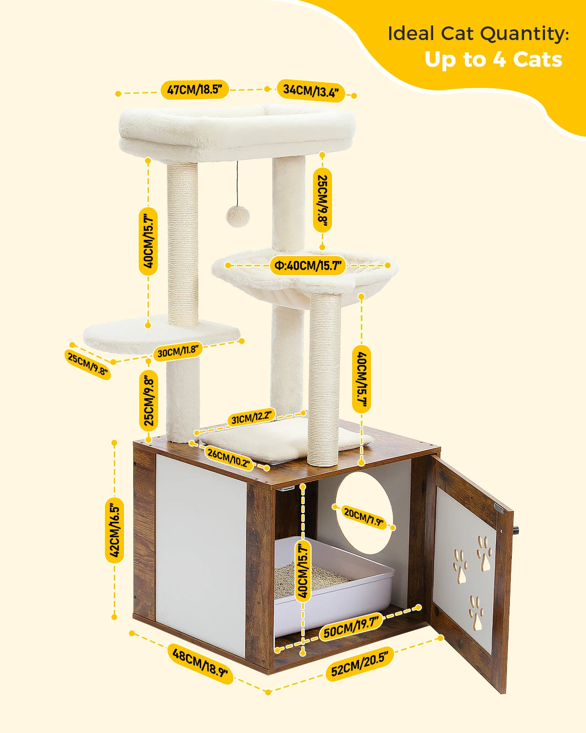 Height 117CM Luxury Modern Cat Tree with Cabinet Tower Wood Furniture with Litter Box Enclosure House Large Top Perch Nest Condo