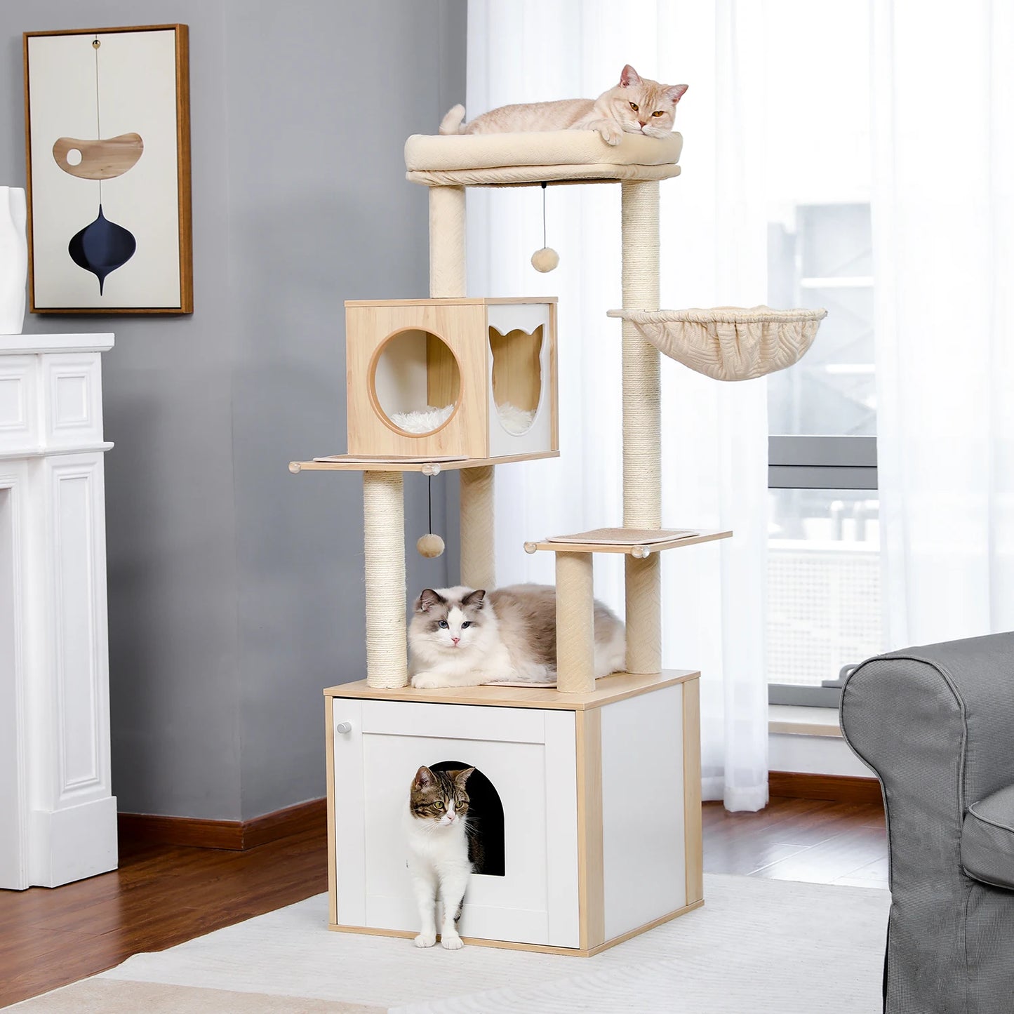 Multi-Level Cat Tree Wood Large Cat Tower with Scratching Posts Cat Condo Hammock Cat Scraper Pet Bed and Furniture Toys for Cat