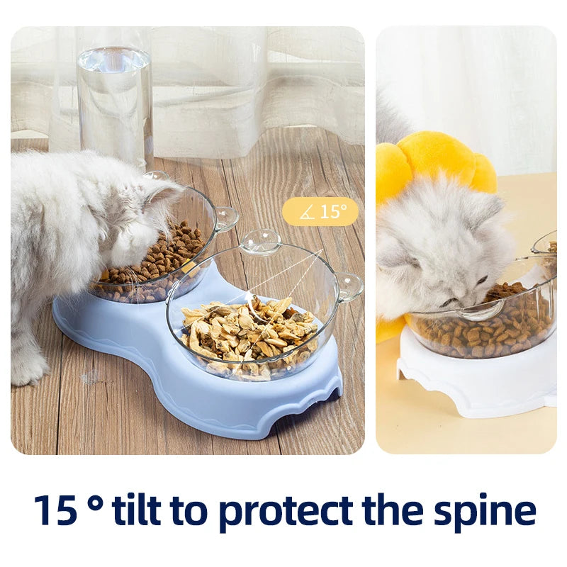 Pet Cat Bowl Automatic Feeder 3-in-1 Dog Cat Food Bowl With Water Fountain Double Bowl Drinking Raised Stand Dish Bowls Foaterer