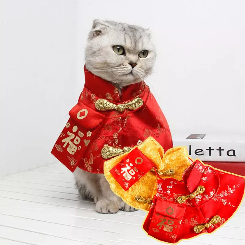 Pet Cat Dog Costume Chinese Style Cat Suit Spring Festival Cape Neck Red Envelope Christmas Day New Year Collar Bow Tie Costume