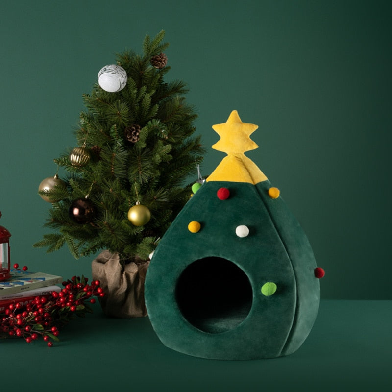 Pet House Cat Christmas Tree Shape Bed Dog Nest Puppy Cave Washable Cat Mat Warm Soft Winter Cat House Pet Supplies Pet Bed - Go Bagheera