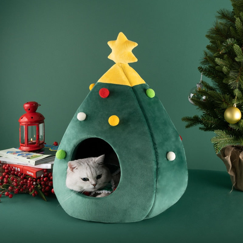 Pet House Cat Christmas Tree Shape Bed Dog Nest Puppy Cave Washable Cat Mat Warm Soft Winter Cat House Pet Supplies Pet Bed - Go Bagheera