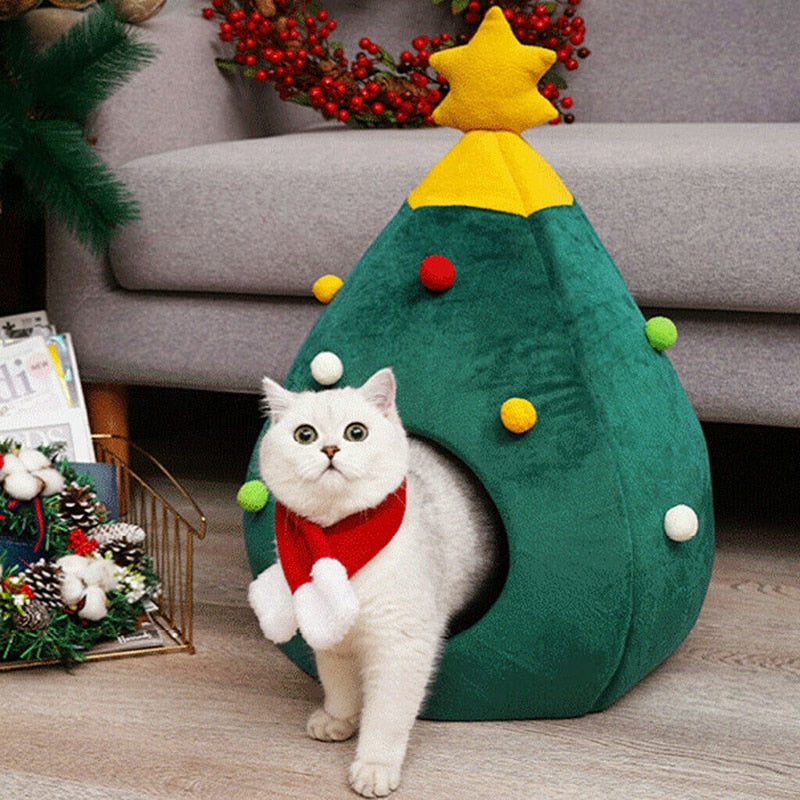 Pet House Cat Christmas Tree Shape Bed Dog Nest Puppy Cave Washable Cat Mat Warm Soft Winter Cat House Pet Supplies Pet Bed - Go Bagheera