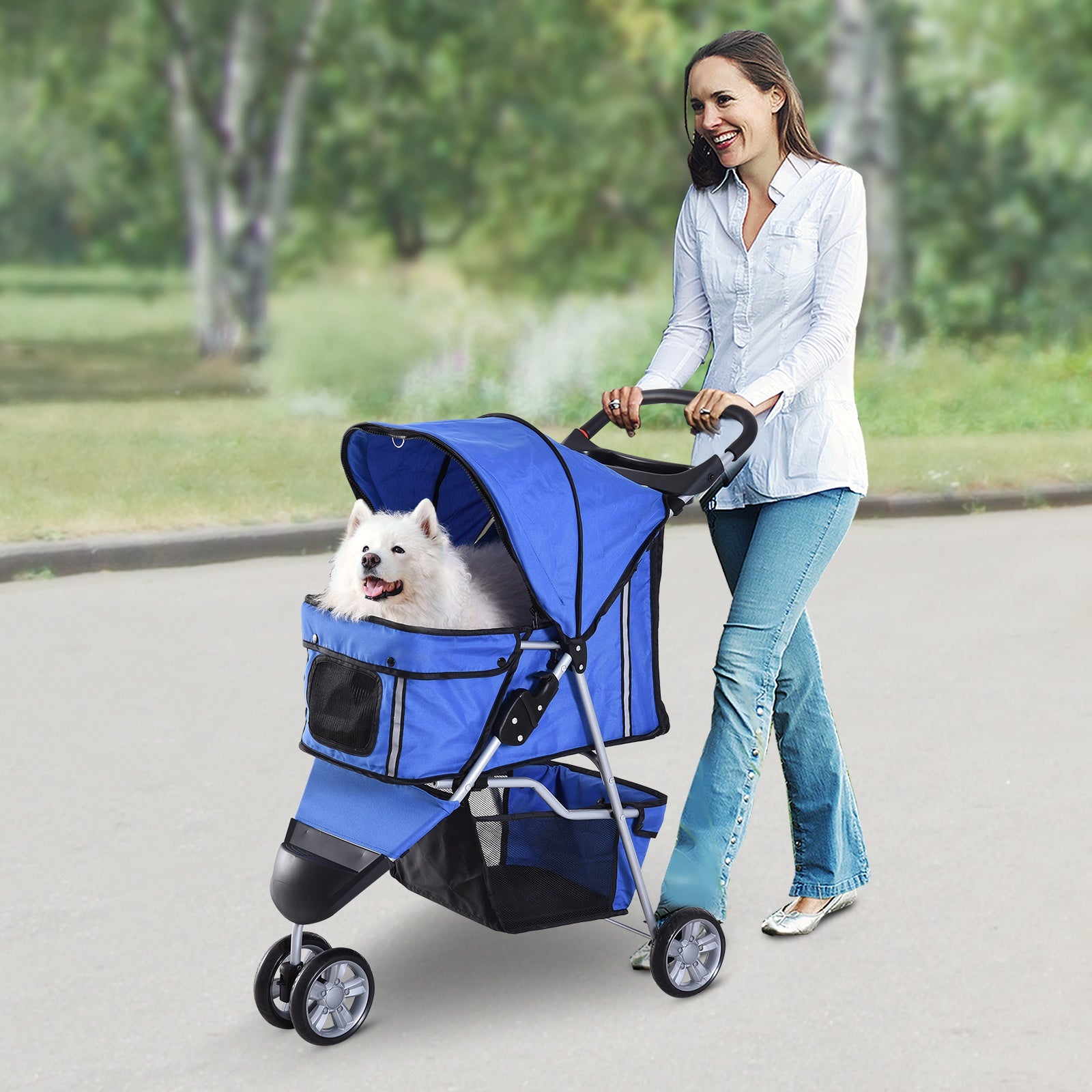 PawHut Dog Pet Cat Travel Carrier 3 Wheels Folding 3 Wheels Blue - Go Bagheera