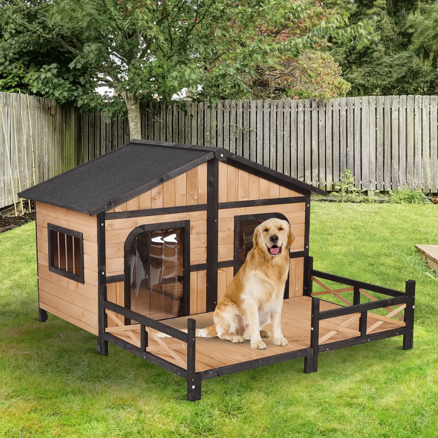 PawHut Wooden Elevated Backyard All Weather Rustic Log Cabin Pet Dog - Go Bagheera