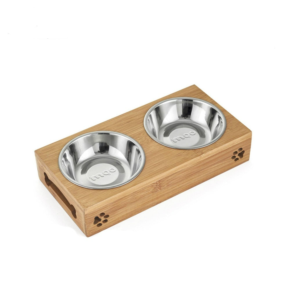 Limited Sales Cat Dog Pet Stainless Steel/Ceramic Feeding and Drinking Bowls Combination with Bamboo Frame for Dogs Cats - Go Bagheera